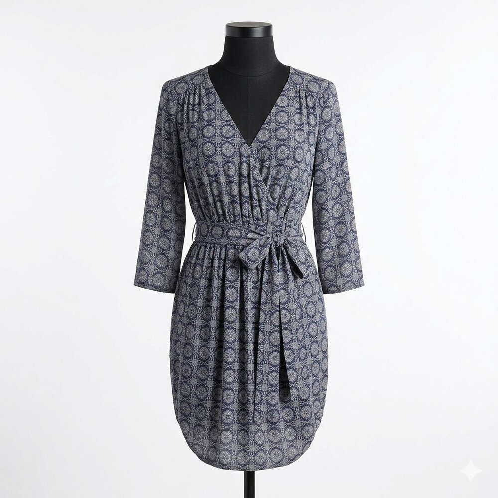 DR2 by Daniel Rainn Belted Shirt Dress Large Blue Print Surplice Mini Pockets L